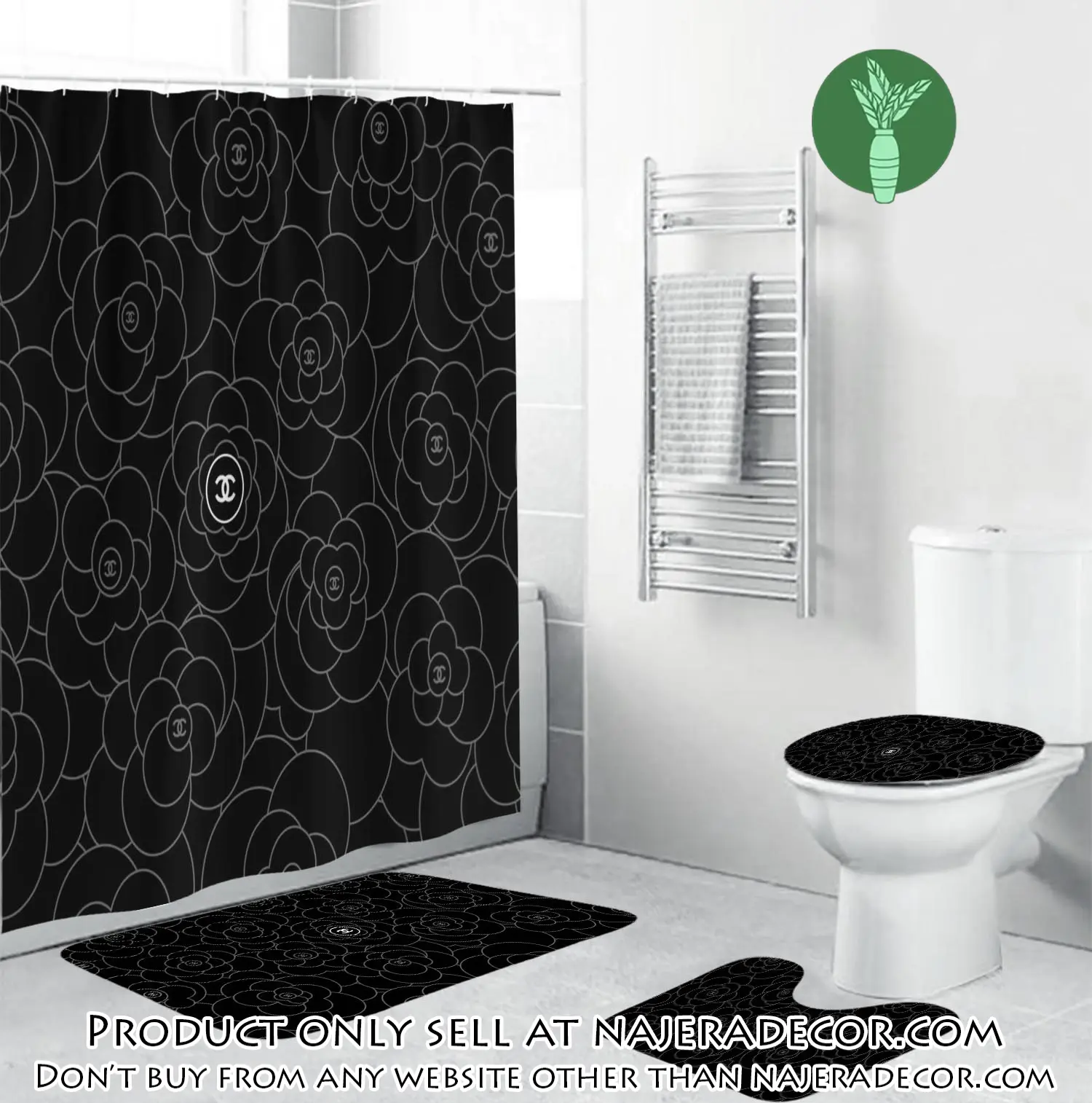 Chanel white signature flower in black background bathroom set accessories njr1825689